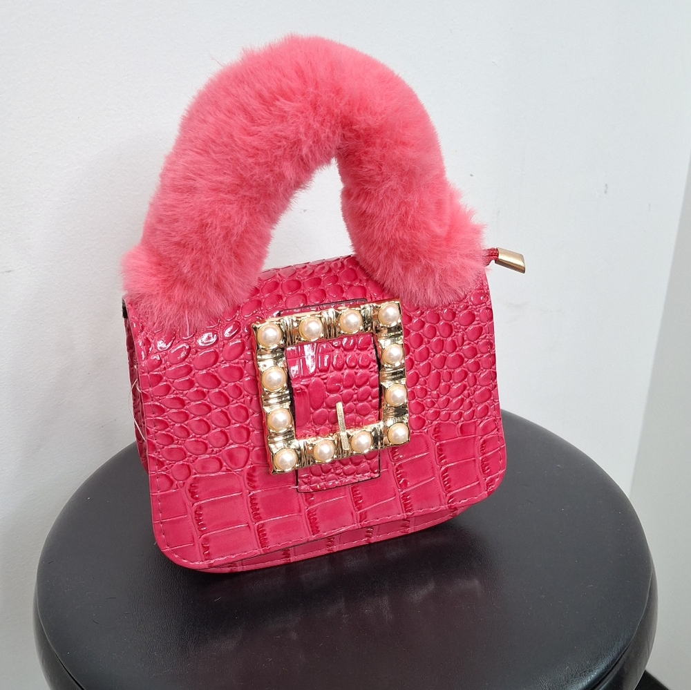Pink Preppy Mini Crock Embossed Pearl Buckle Fuzzy Bag - Picture 3 of 7